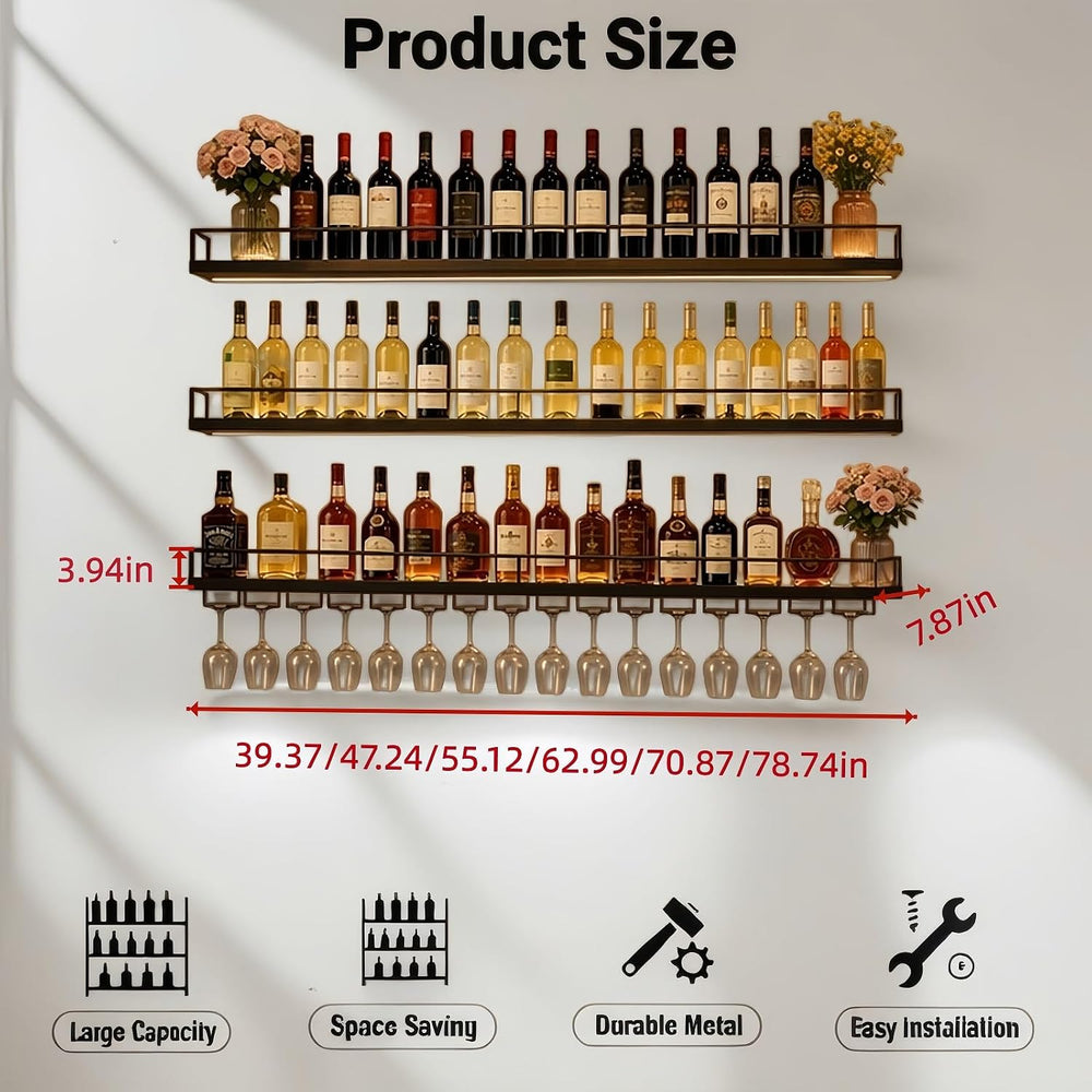55in Wall Mounted Wine Rack, 3-Tier Metal Floating Bar Shelves with LED Light...