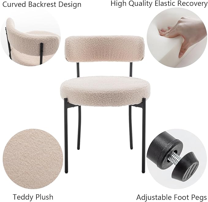 Boucle Dining Chairs Set of 4, Upholstered Dining Room Chairs with Black Meta...