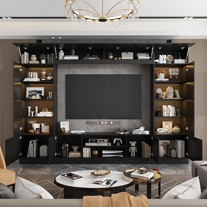 WOODTIME 114" Large Wall Unit Entertainment Center with Bookshelves, Lig...