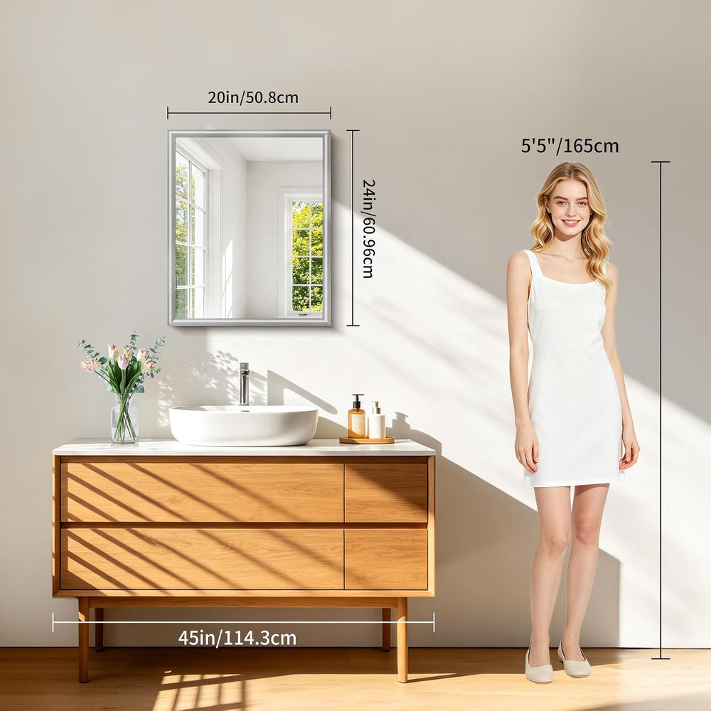 20x24 Inch Brushed Silver Bathroom Mirror, Raised Metal Framed Bathroom Vanit...