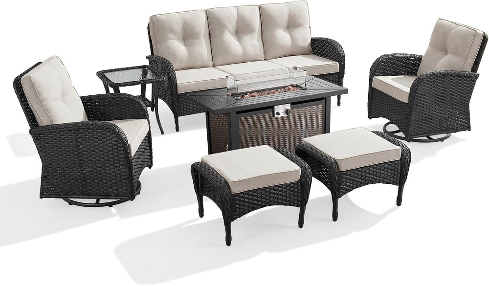 7 Piece Patio Furniture Set with Fire Pit Table - Wicker Patio Conversation S...