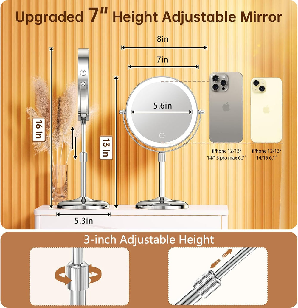 Gospire 7" Lighted Makeup Mirror, 1X/10X Magnification, Height Adjustable