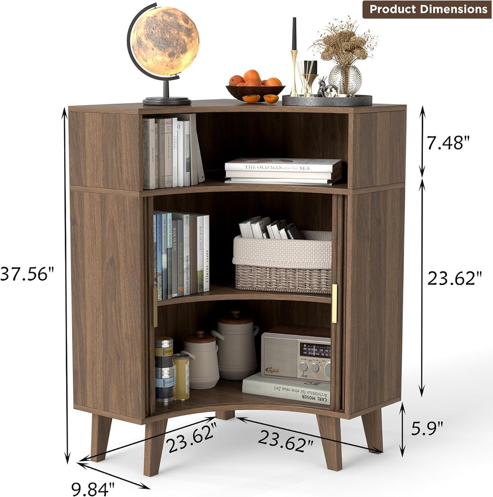 Fluted Corner Cabinet with Open Storage, Modern Floor Cabinets