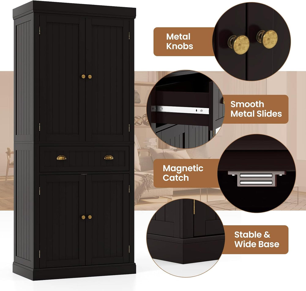 DORTALA 72” Tall Kitchen Pantry Cabinet, Wood Storage Cupboard w/ 4 Adjustabl...