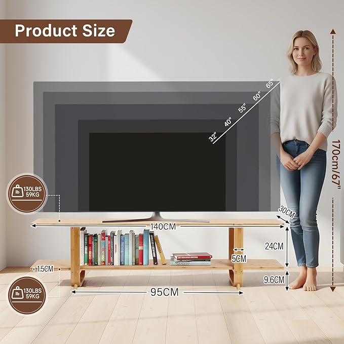 Tiita Bamboo TV Stand for 55 Inch TV, Entertainment Center with 2 Open Shelf,...