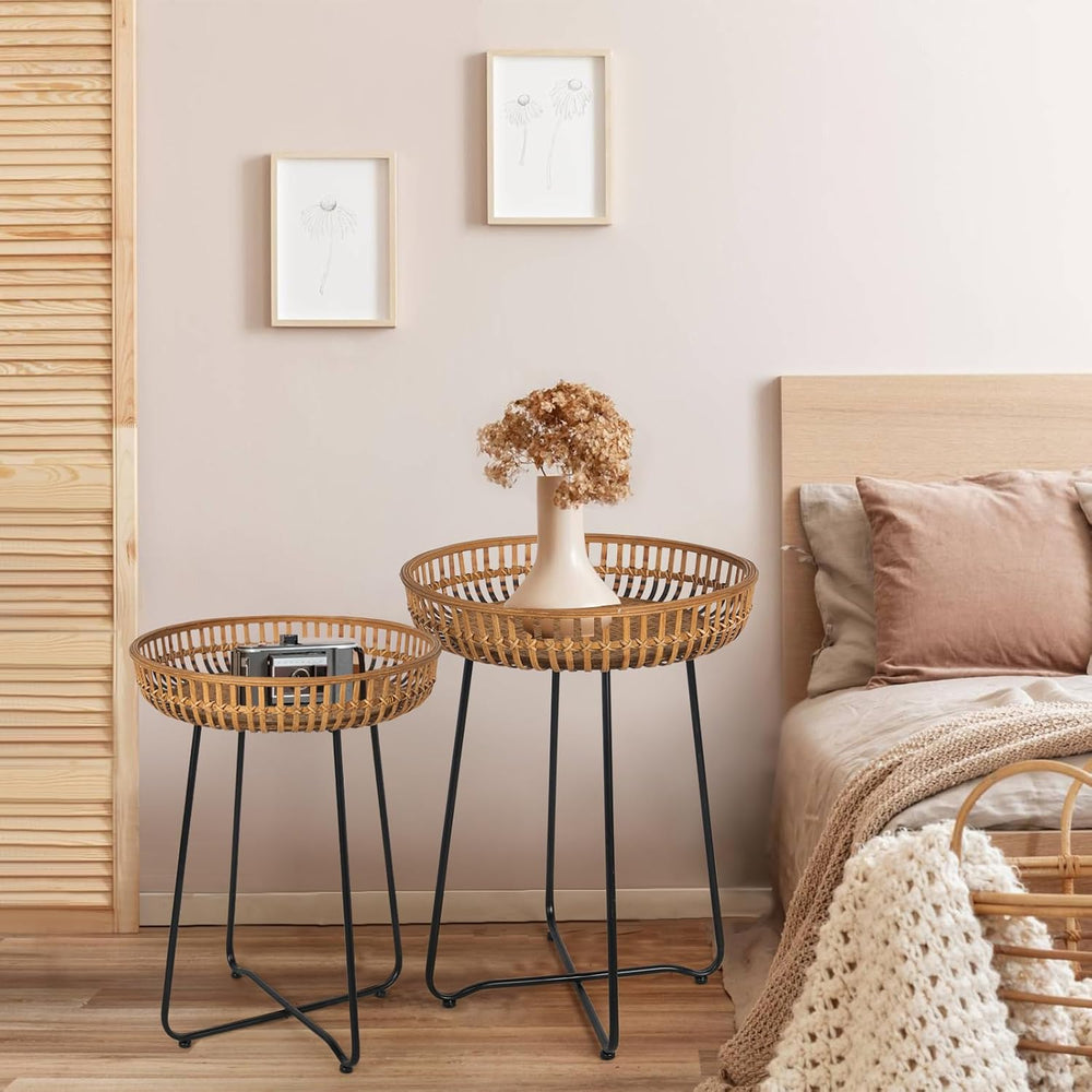 Oakrain Rattan Side Table, Nesting Tables, Set of 2, Bamboo Coffee with Metal...