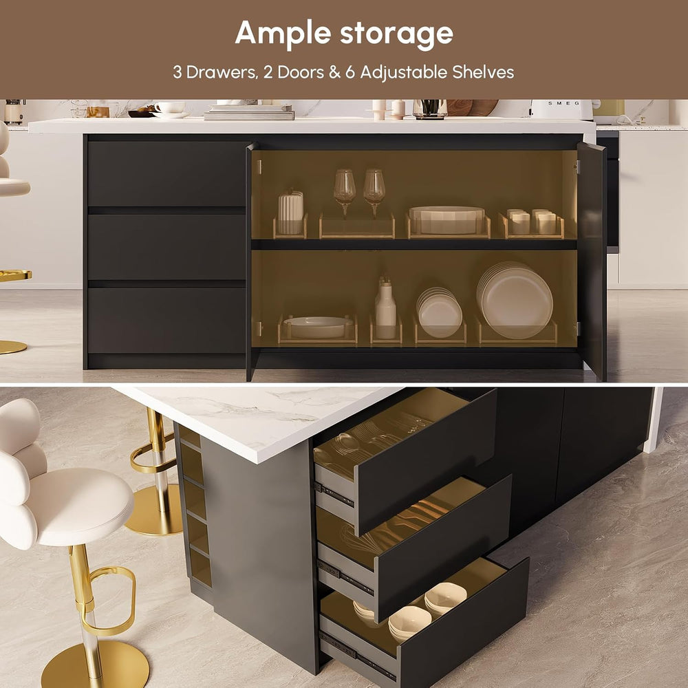 homary Kitchen Island with Storage & Wine Rack, 72" Modern Black Kit...