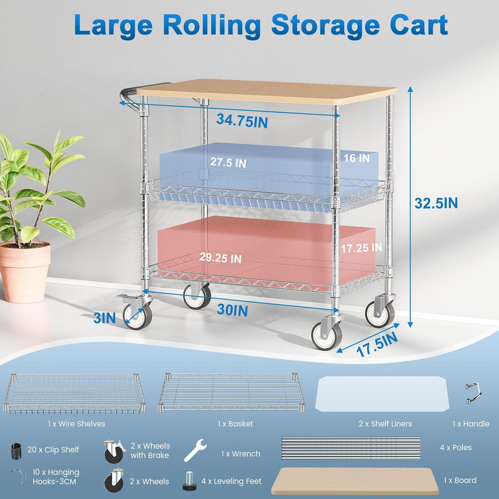 Leteuke Rolling Kitchen Carts with Wheels, 34" L x 17.5" W, 3-Tier ...