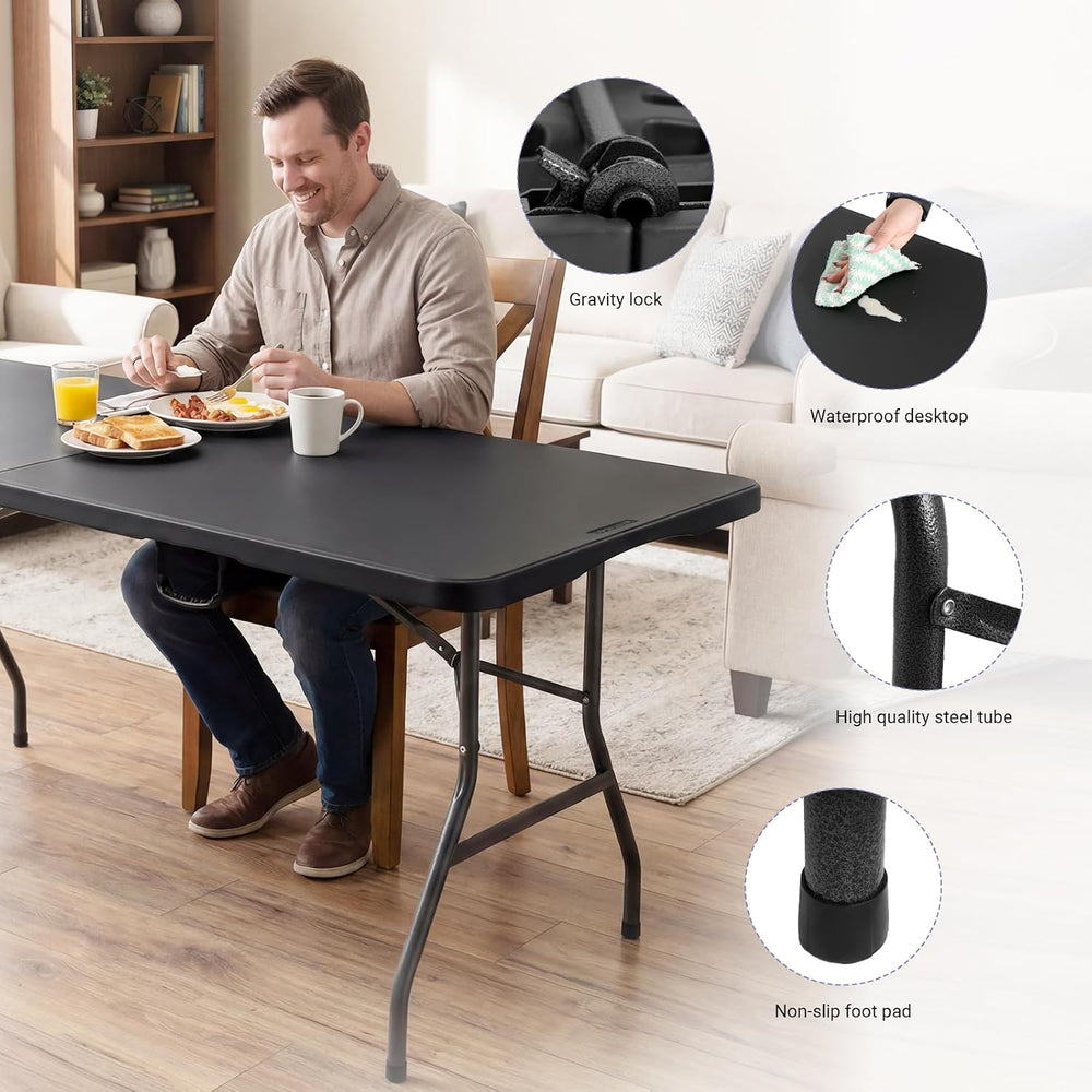 6ft Folding Table, Portable Heavy Duty Plastic Table for Party, Black | Fold-...