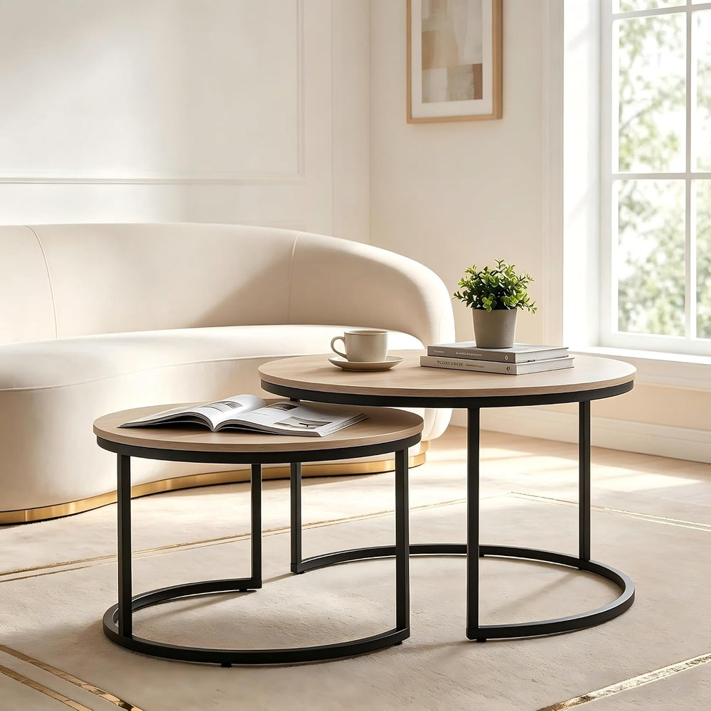 31.5 Inch Round Nesting Coffee Tables Set of 2, Oak‑Tone Stackable Side Table...