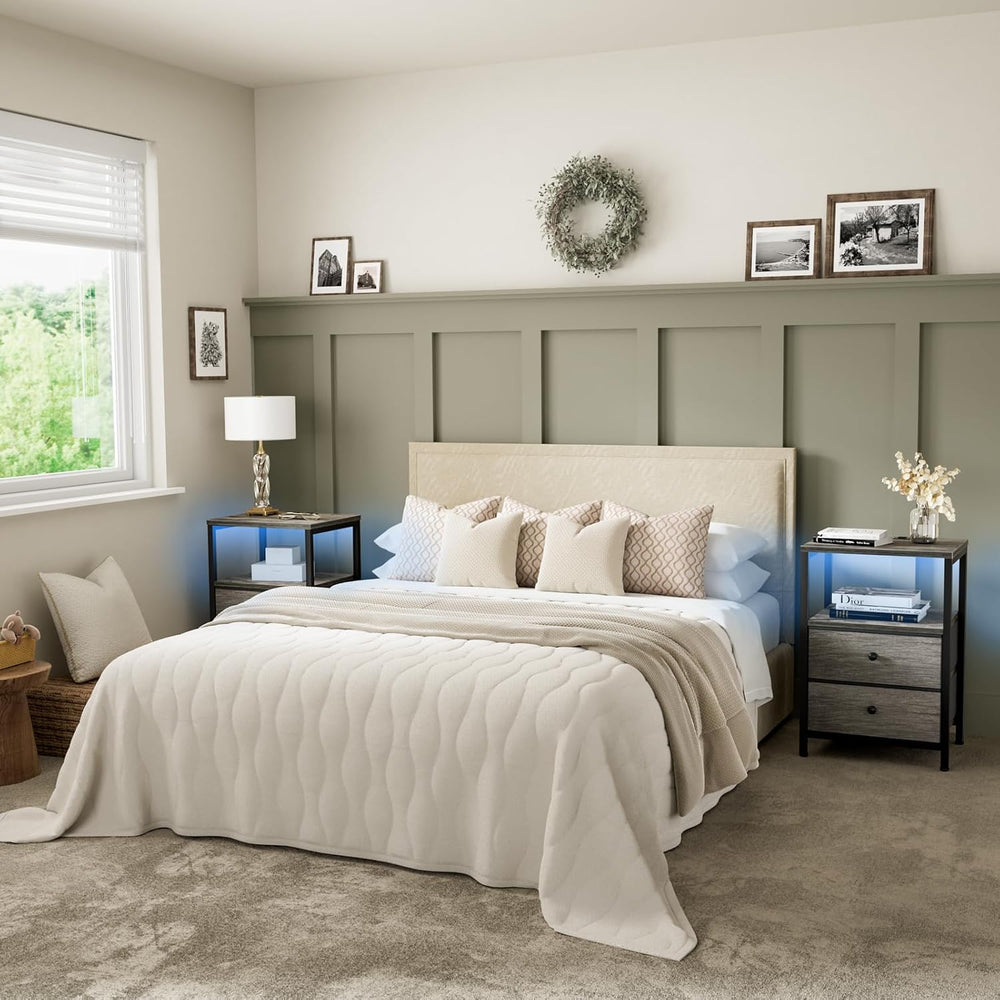 BOLUO Gray Nightstand with Charging Station, LED Night Stand with 2 Fabric Dr...
