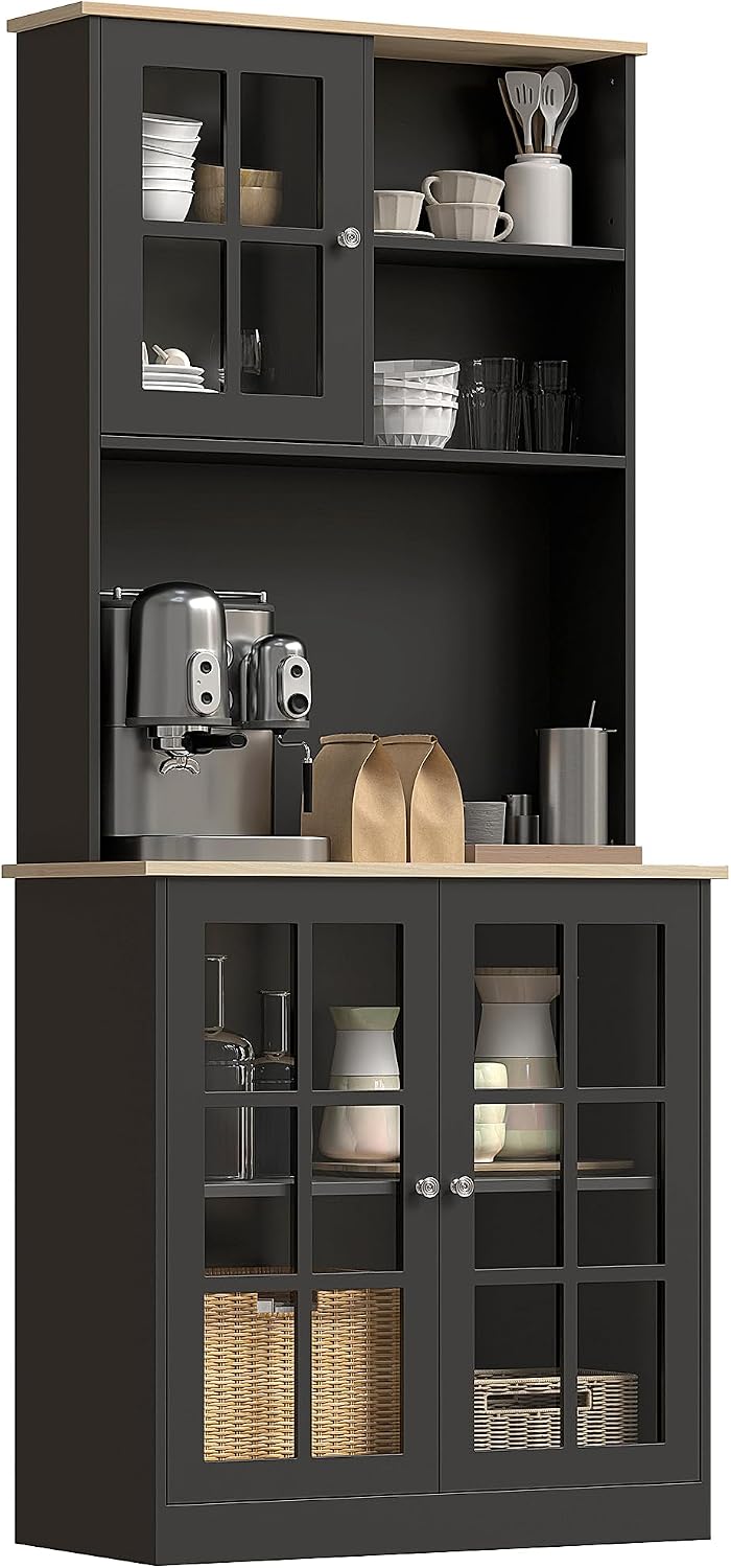 HOMCOM Kitchen Pantry Storage Cabinet 72" with Hutch, Black | Large Coun...
