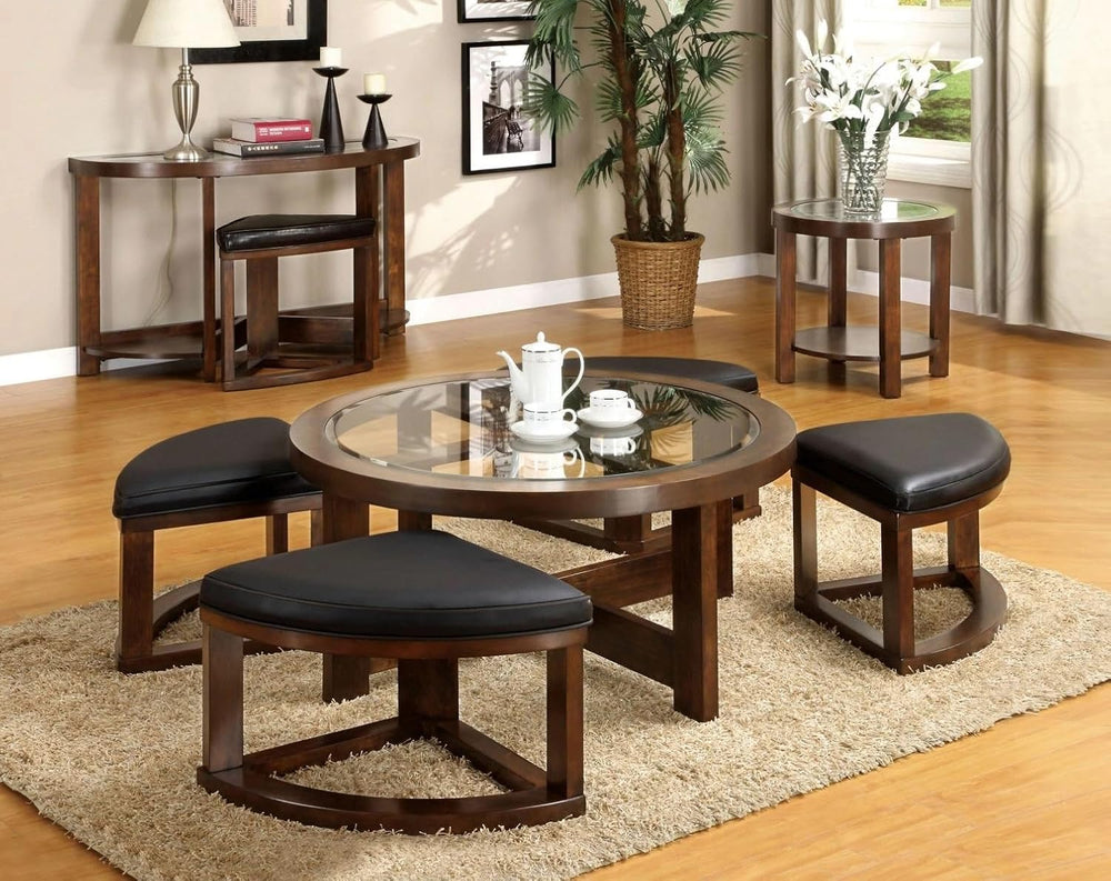 Dark Walnut Coffee Table Glass Insert Top Ottoman Included Table Set Living R...