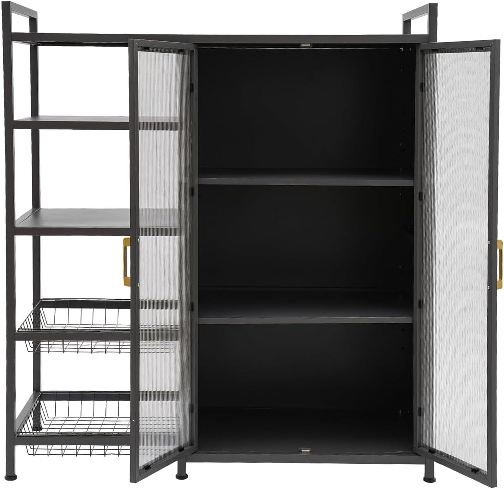 Kitchen Pantry Cabinet with Clear Doors, Metal Sideboard with Open Storage Sh...