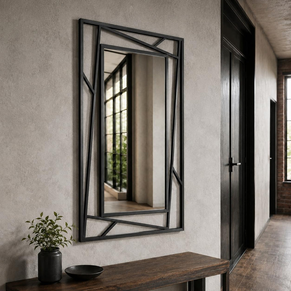Black Geometric Wall Mirror, 36 x 24 Inch Decorative Metal Framed Bathroom Mi...