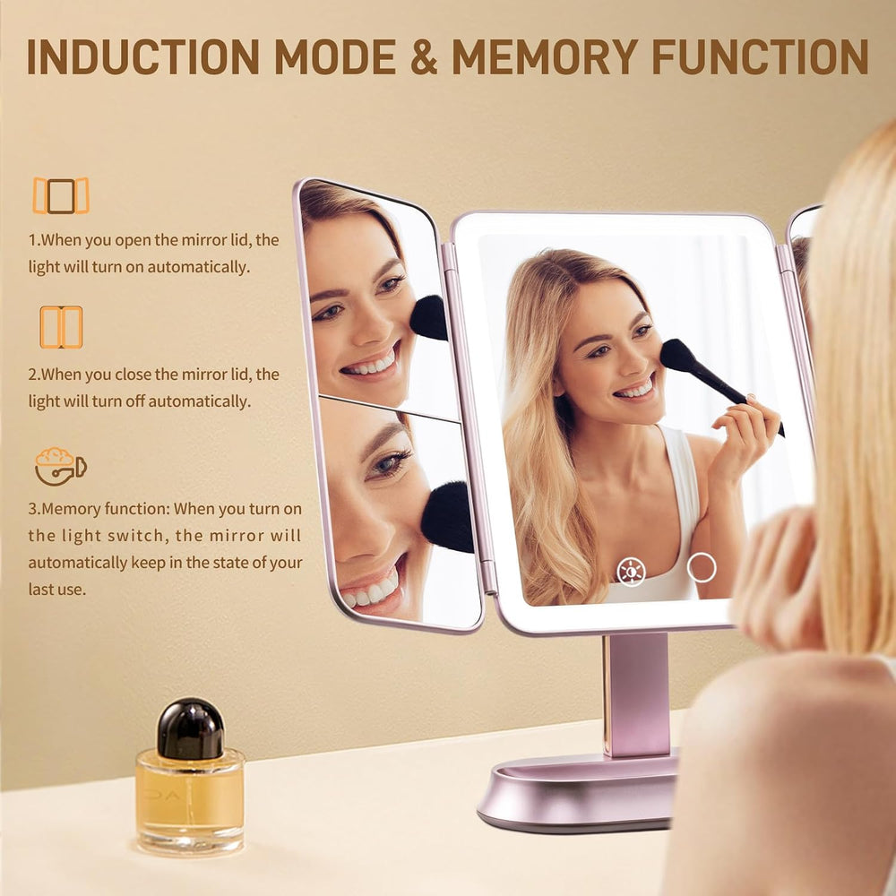 FRANO Lighted Makeup Mirror with 1X/3X/5X Magnification, Rechargeable Trifold...