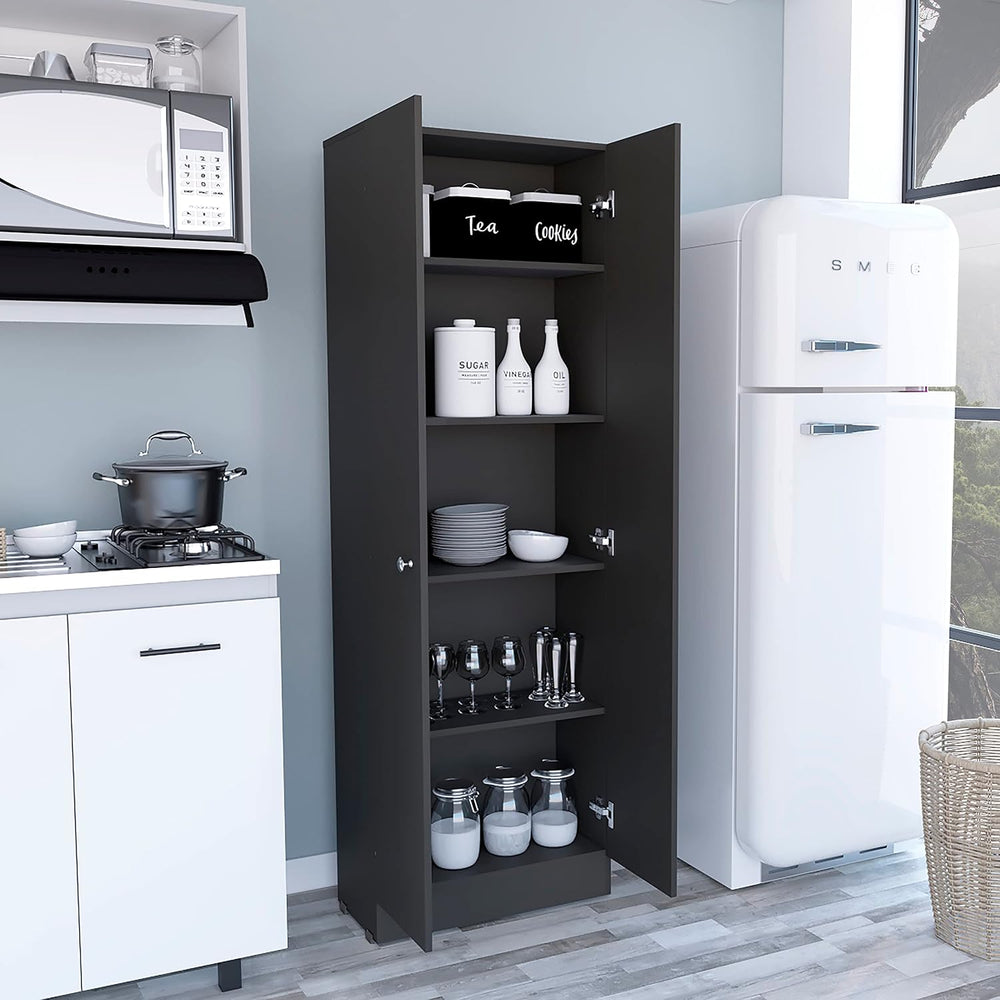 Modern Kitchen Pantry, Black Storage Cabinet with 5 Shelves & Double Door...