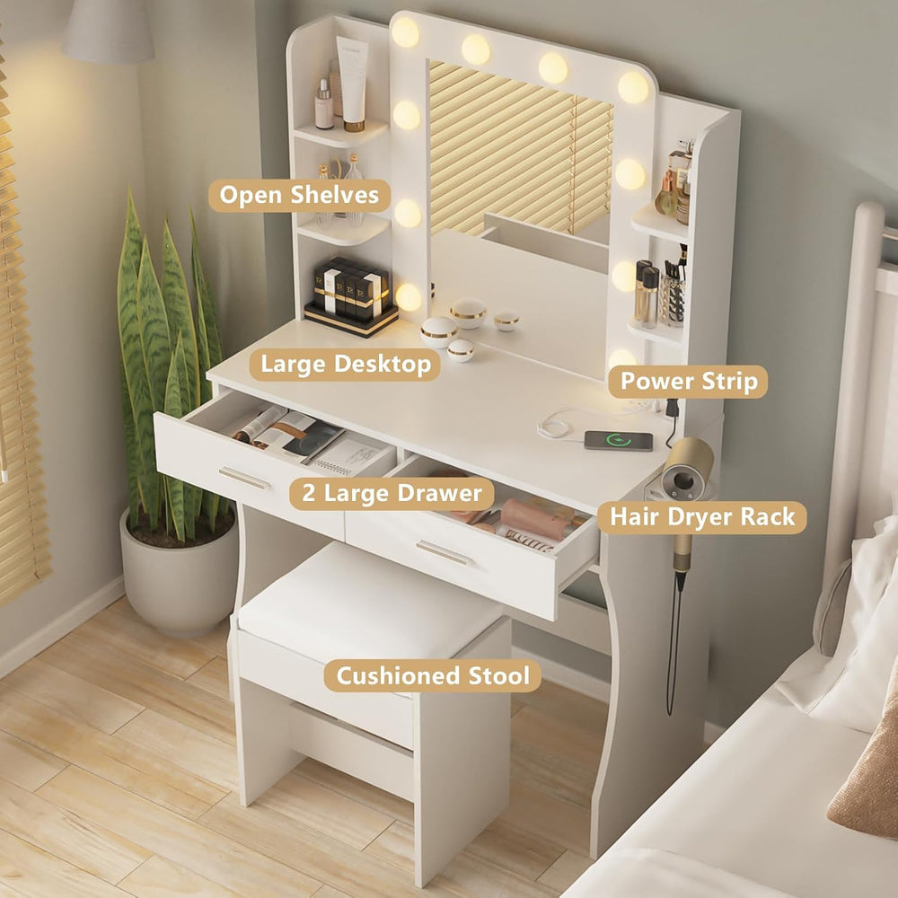 Vabches White Makeup Vanity Desk with Lighted Mirror & Charging Station |...