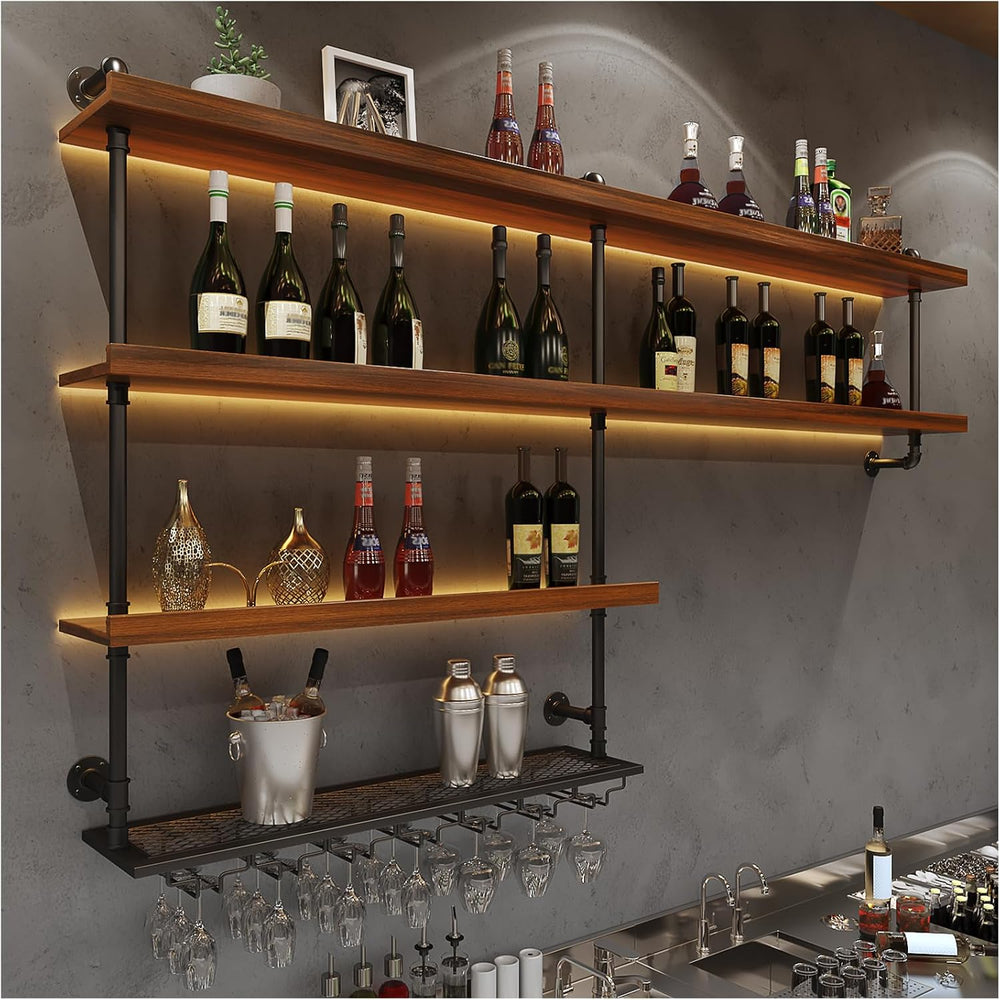 Solid Wood LED Wall Mounted Wine Rack (51.2 in/ 130CM) | 4 Tiers Liquor Bottl...