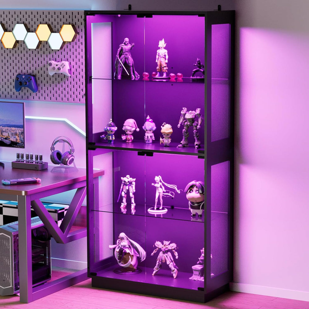 Display Cabinet with Glass Doors 4 Tier Glass Display Case with RGB LED Light...