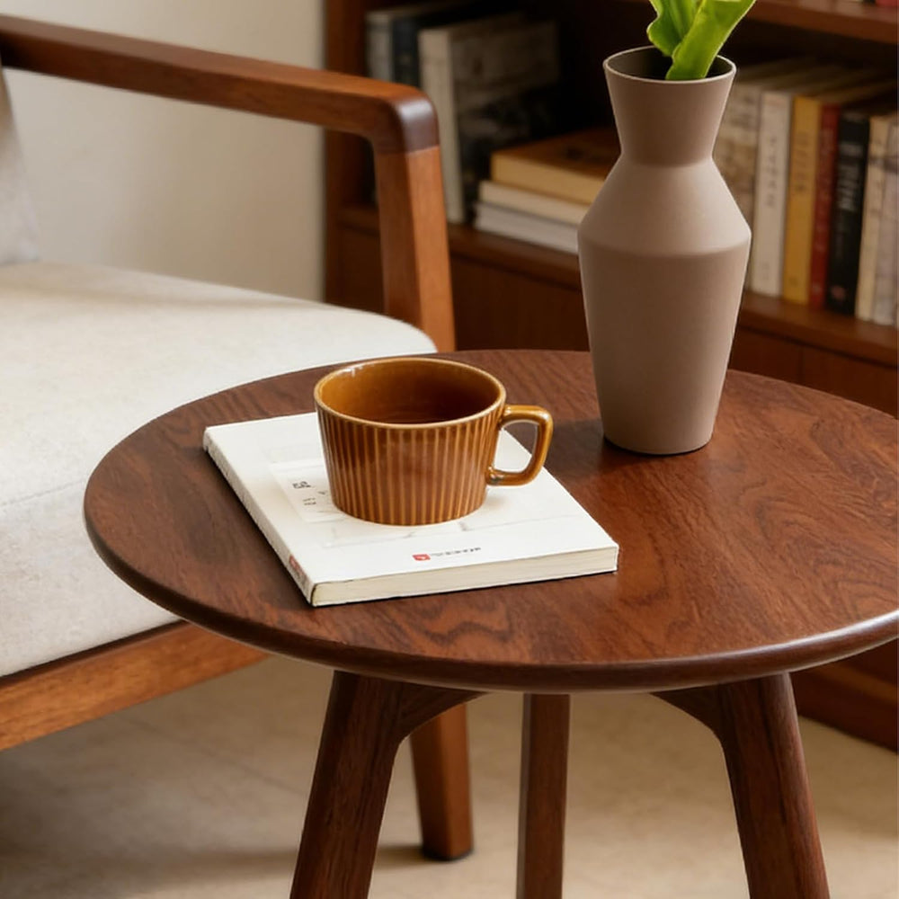 Walnut Small Round Side Table, Solid Oak Wood End Table with 3-Leg Design for...