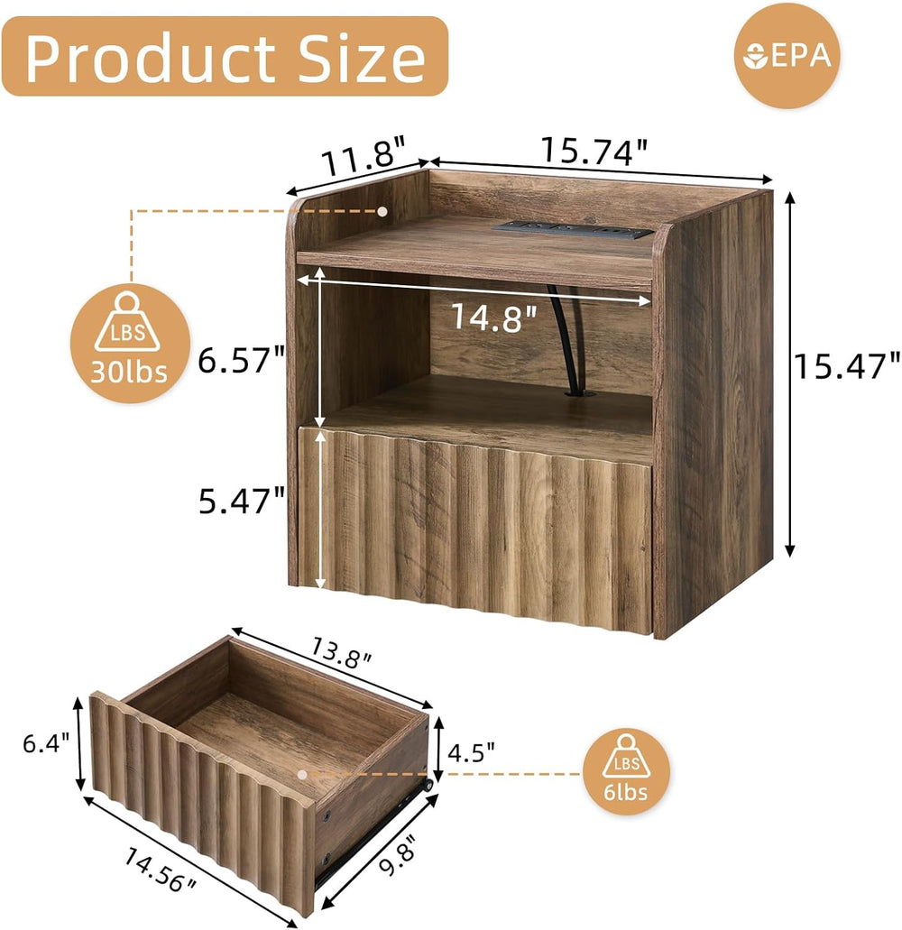 Modern Fluted Floating Nightstand Wall Mounted - Bedside Table with Storage D...
