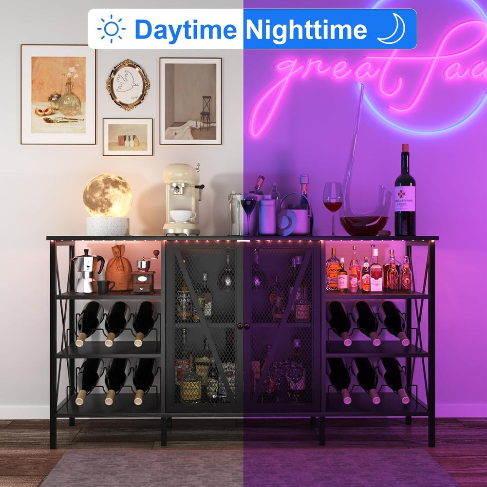 Wine Bar Cabinet with Doors, 55" Freestanding Iron Metal Sideboard Buffe...