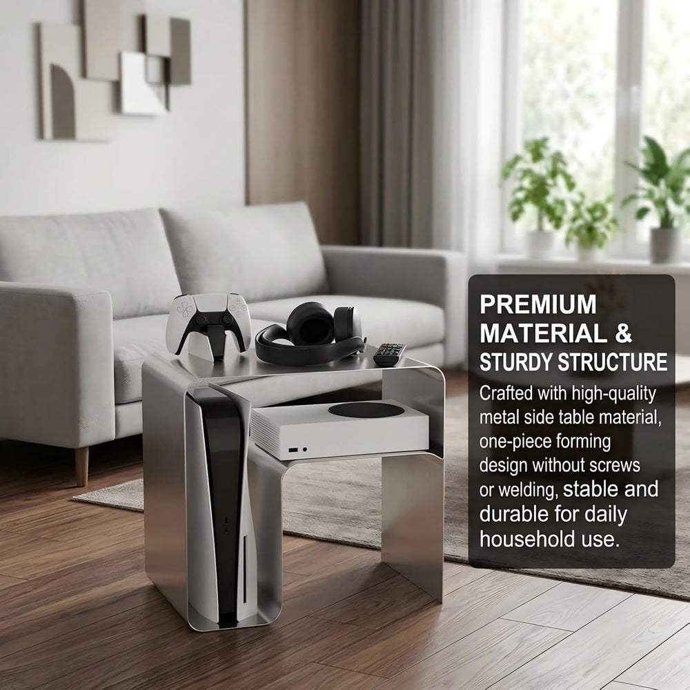 Stainless Steel Side Table, Modern End Table with Double Storage, One-Piece F...