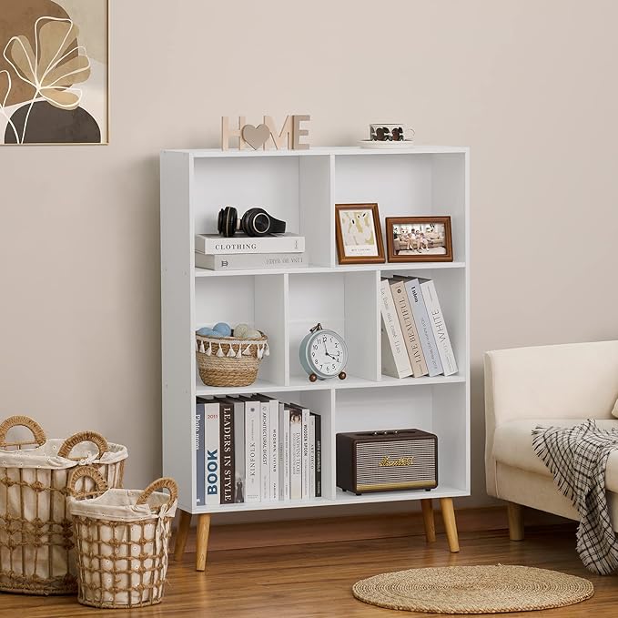 YAHARBO White Bookshelf,3 Tier Book Shelf with Legs, 7 Cube Minimalist Bookca...