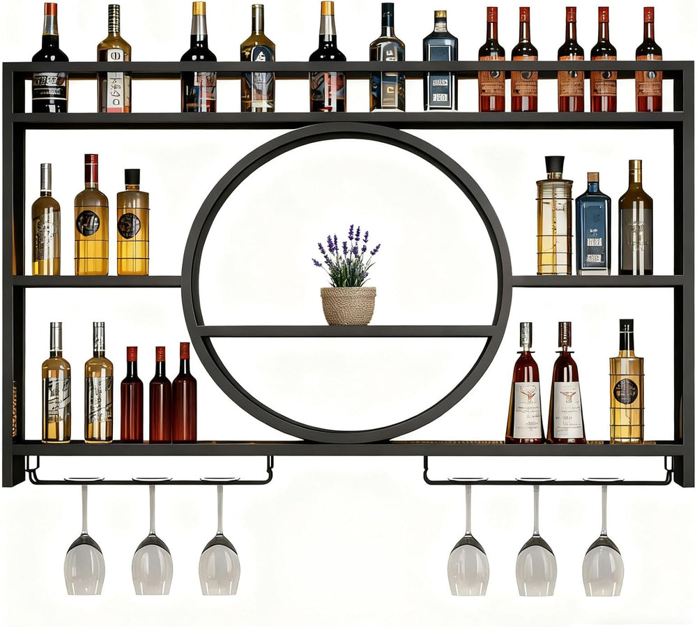 Wall Mounted Wine Rack, Metal Floating Bar Shelves with Wine Glass Holder, Mi...