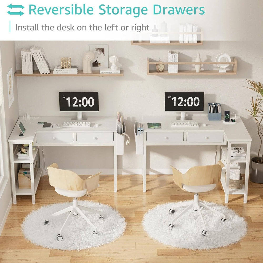 Small White 40 Inch L Shaped Corner Desk with Drawers & Storage Shelves