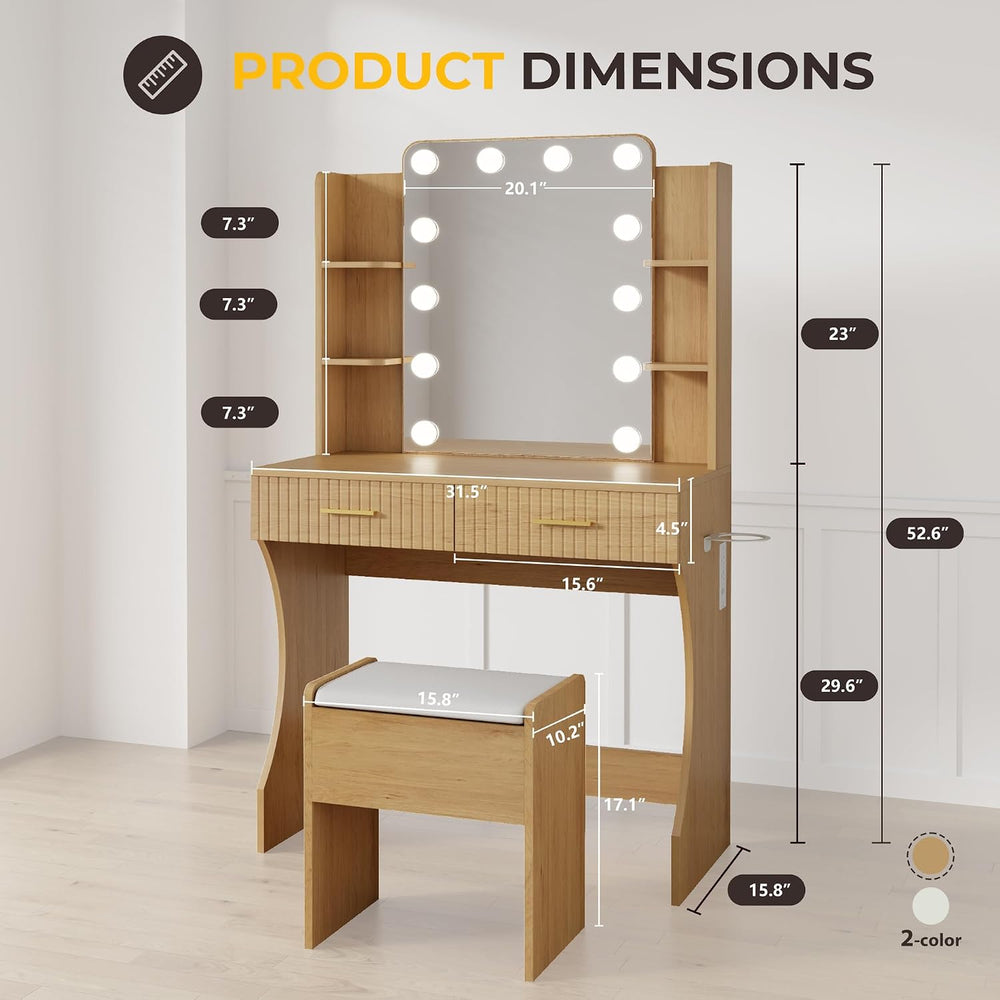 Otterease 31" Makeup Vanity Desk with LED Mirror and Storage Stool, Natu...