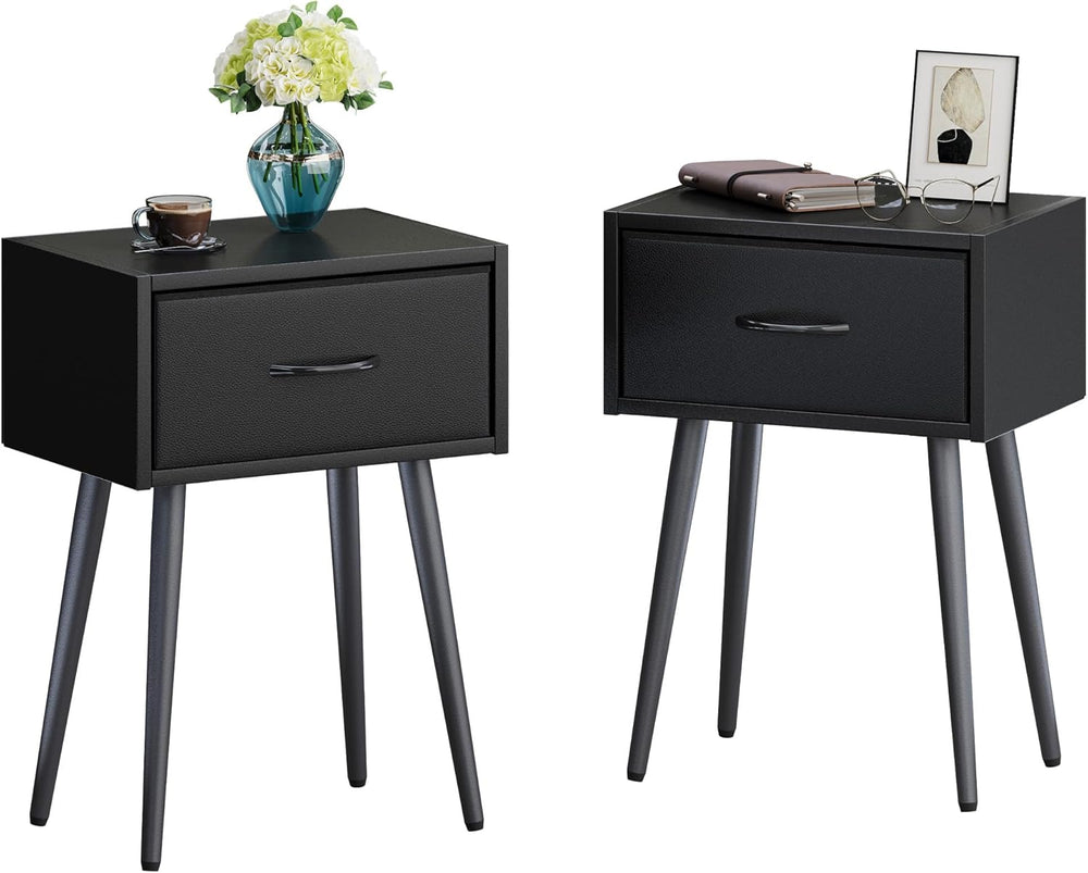 Small Black Nightstands Set of 2, Bedside Table with Fabric Drawer, Modern En...