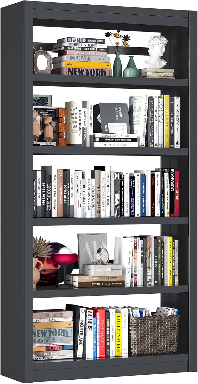 Bookcase, 5-Shelf Industrial Bookshelf, Large Storage Space, Adjustable Books...