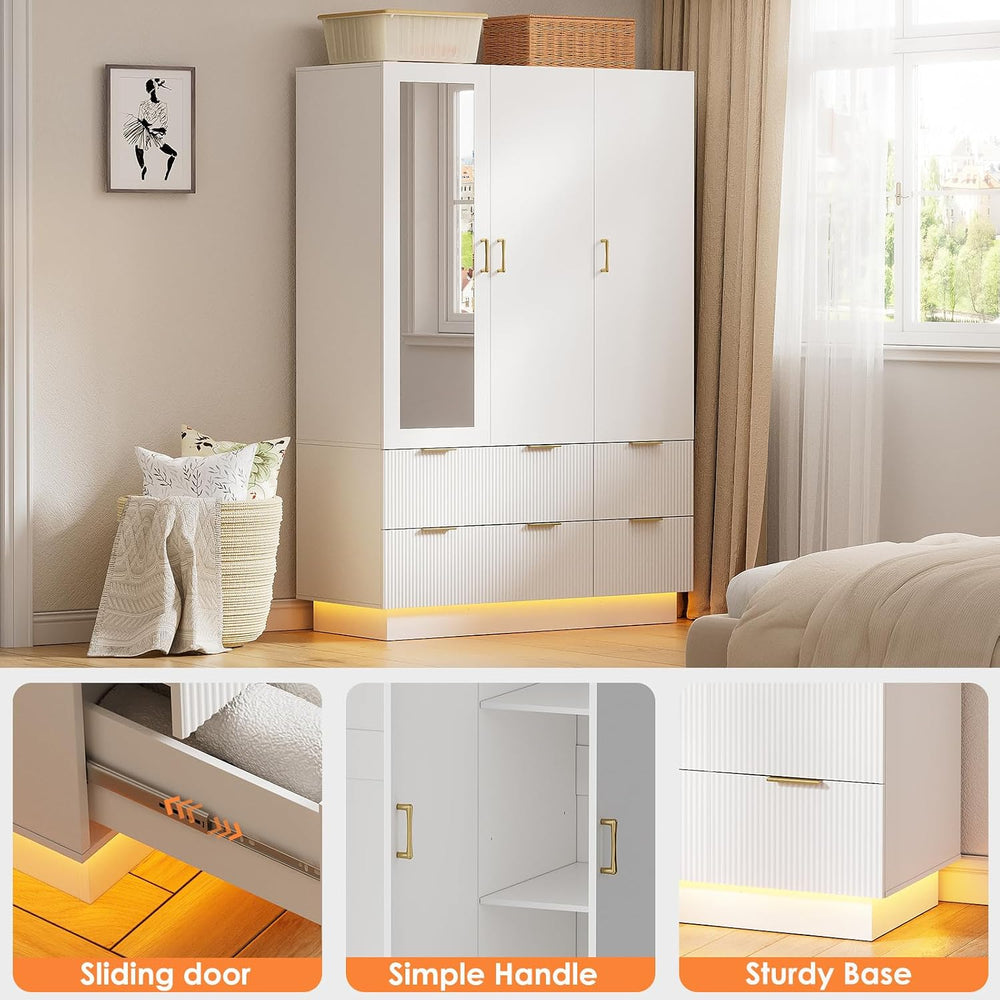 PAKASEPT Armoire Wardrobe Closet with 3 Door, Mirror, LED Lights | Hanging Ro...