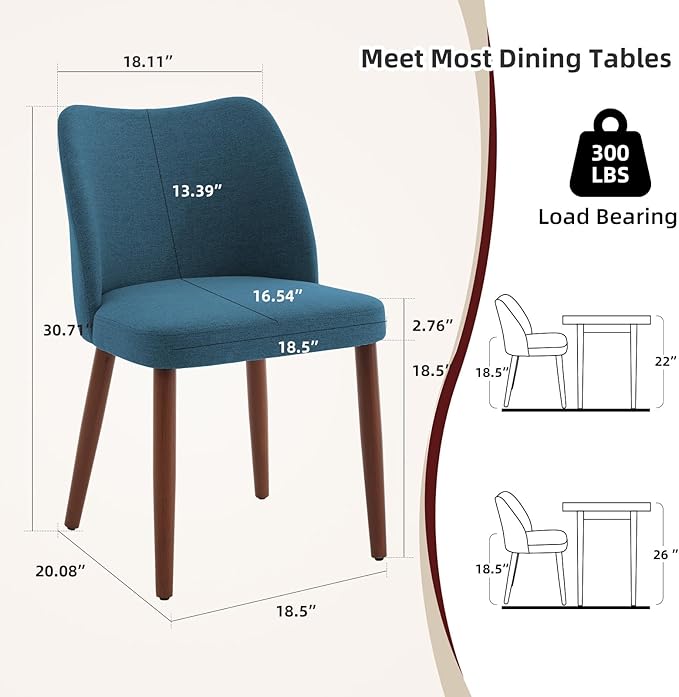 Dining Chair Set of 2, Linen Upholstered Dining Chair with Wood Legs, Wing Ba...