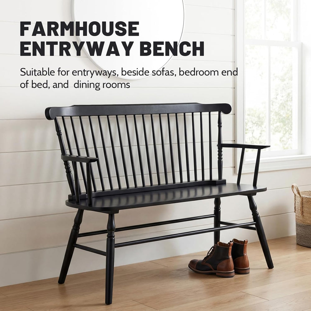 Windsor Dining Bench Entryway Bench, Black | Spindle Back, with Armrest, Stur...