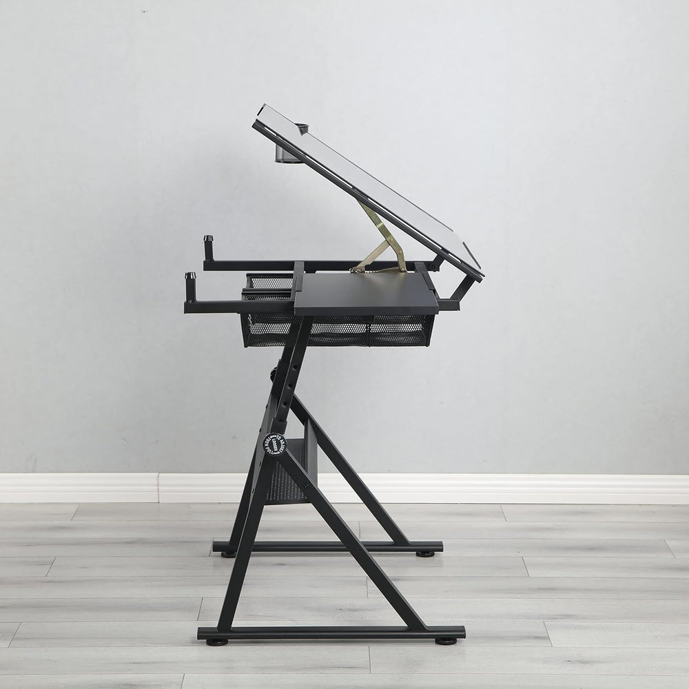 HomSof Adjustable Tempered Glass Drafting Printing Table with Chair,Black