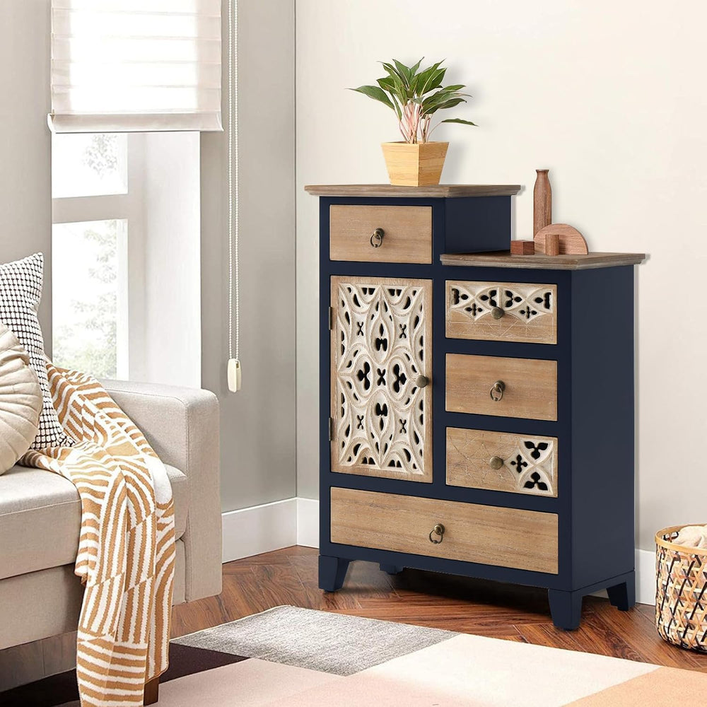 Farmhouse Accent Chest with Carved Door and 5-Drawers, Vintage Storage Cabine...