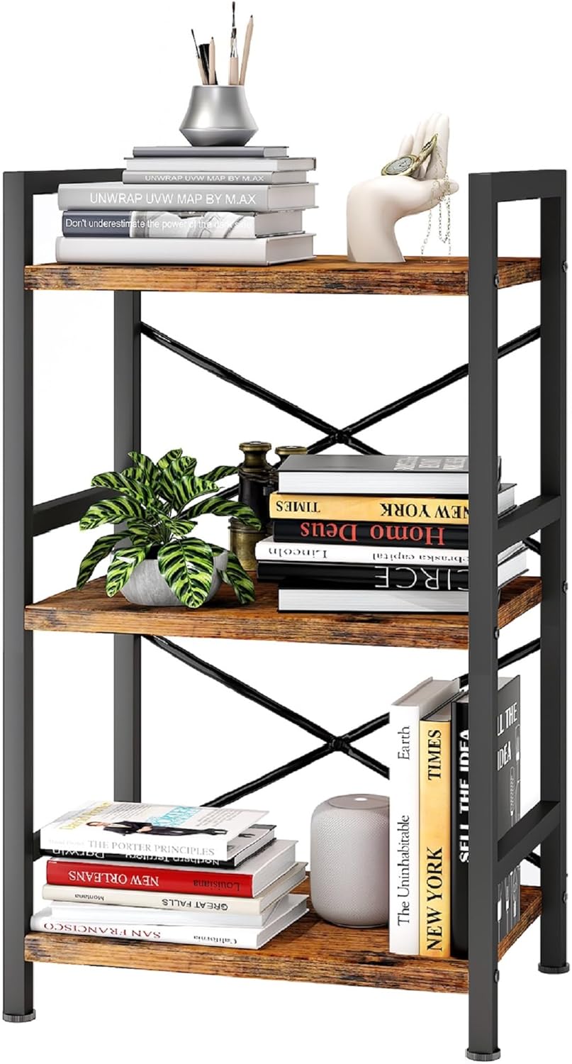 Homeiju Bookshelf, 3 Tier Industrial Bookcase, Metal Small Bookcase, Rustic E...