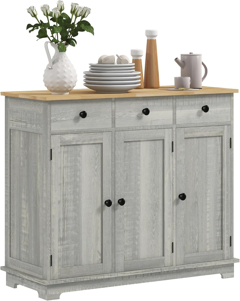 HOMCOM Sideboard Buffet Cabinet Solid Wood Countertop Distressed Light Gray