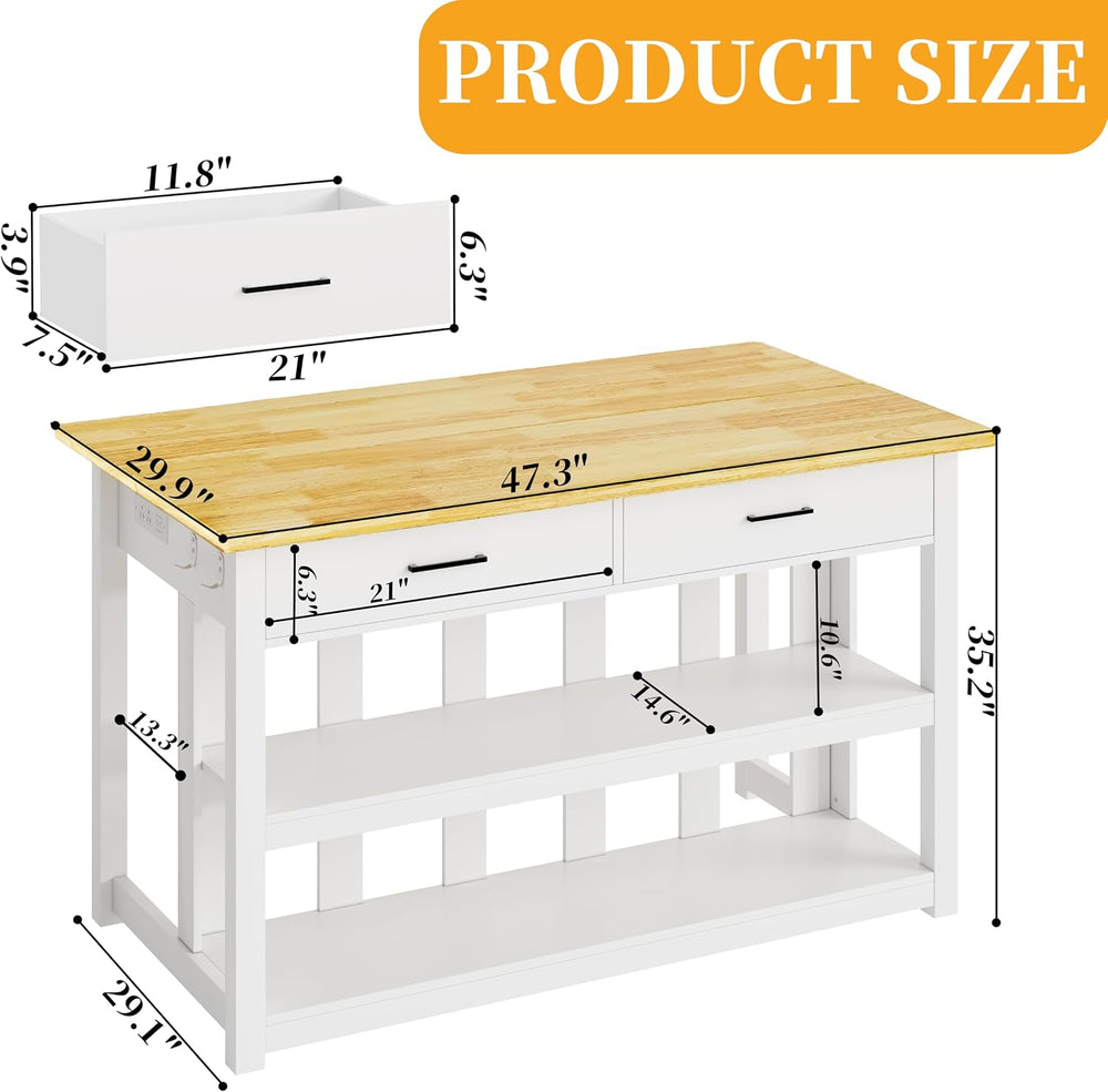 DynJest 47.3" Solid Rubberwood Kitchen Island with Power Outlets, White ...