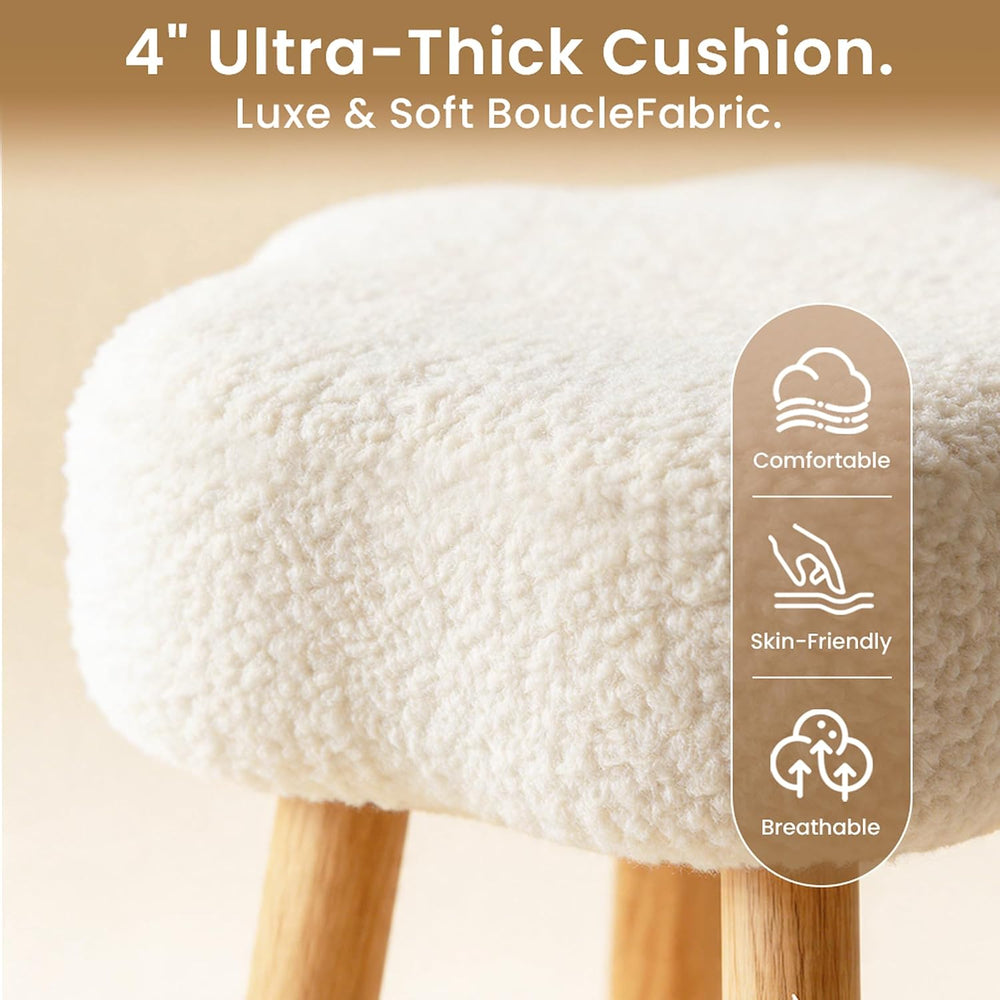 Cmishe Cloud Vanity Stool with Solid Beech Wood Legs, Boucle Makeup Chair for...