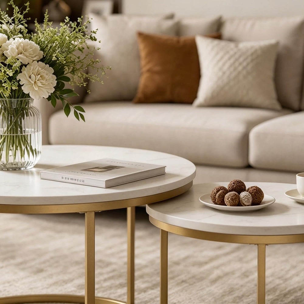 White Round Nesting Coffee Table Set of 2, Marble Pattern Top with Gold Metal...