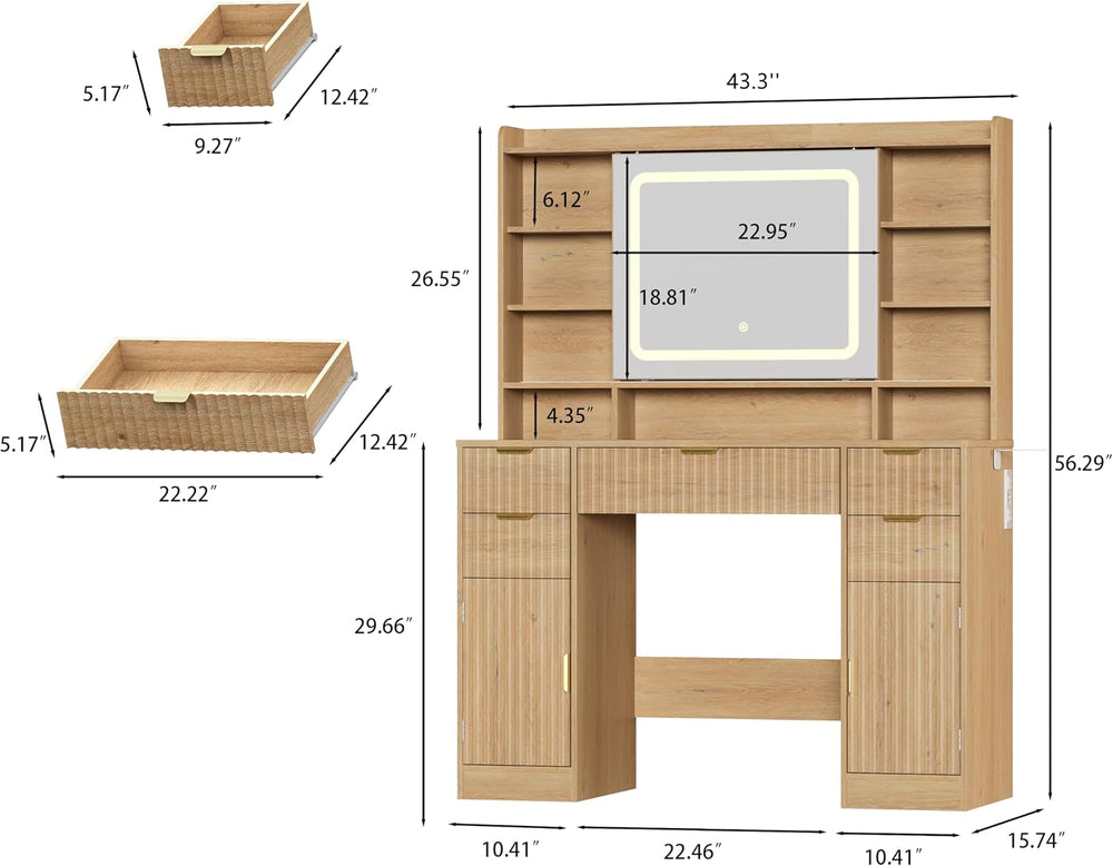 Makeup Vanity Desk with Mirror, Fluted Vanity with 5 Drawers and 2 Cabinets &...