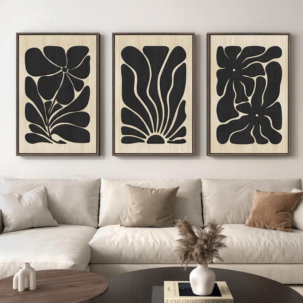 Large Framed Wood 3D Boho Black Floral Wall Art for Living Room, 24x36 Inch