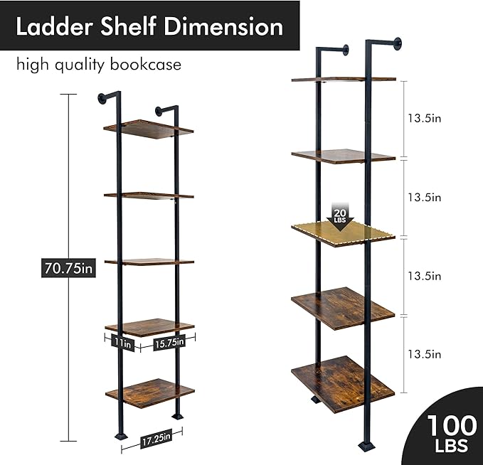 Axeman 5-Tier Ladder Shelf, Tall Narrow Bookcase for Small Spaces, Book Stora...