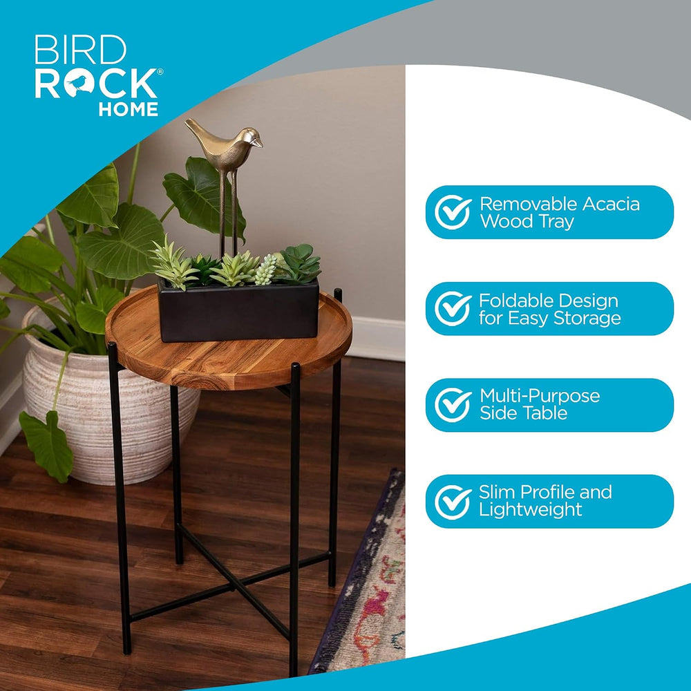 BIRDROCK HOME Folding Side Table with Removable Wood Tray - Modern Accent, Fo...