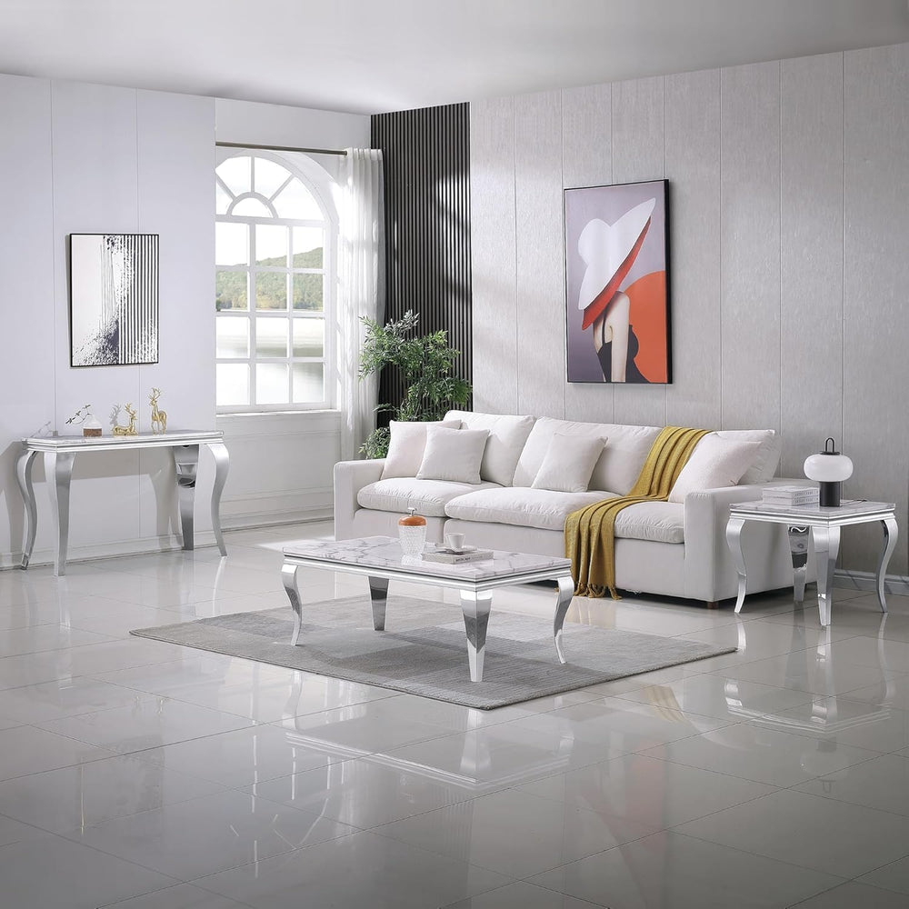Luxury Modern Faux Marble Coffee Table Set of 3 – White MDF Marble Top with S...