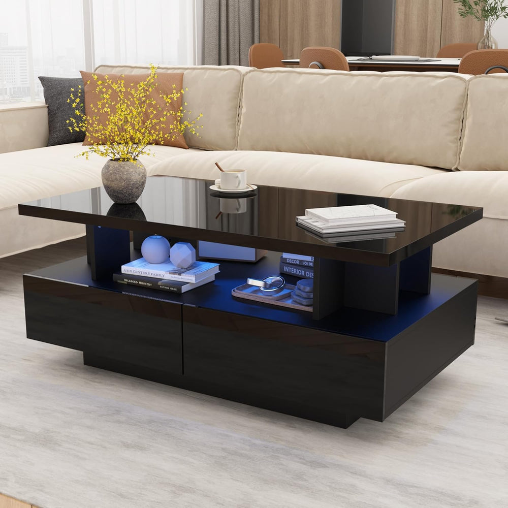 MHOM 41.3" LED Coffee Table, Modern High Gloss Living Room Table with 4 ...